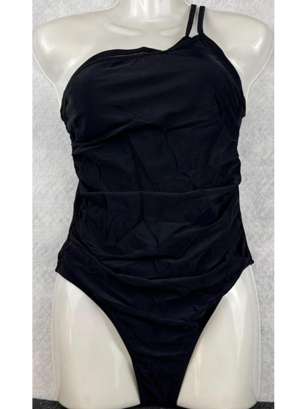 Black One Shoulder Ruched One Piece Swimsuit Womens Small NWT